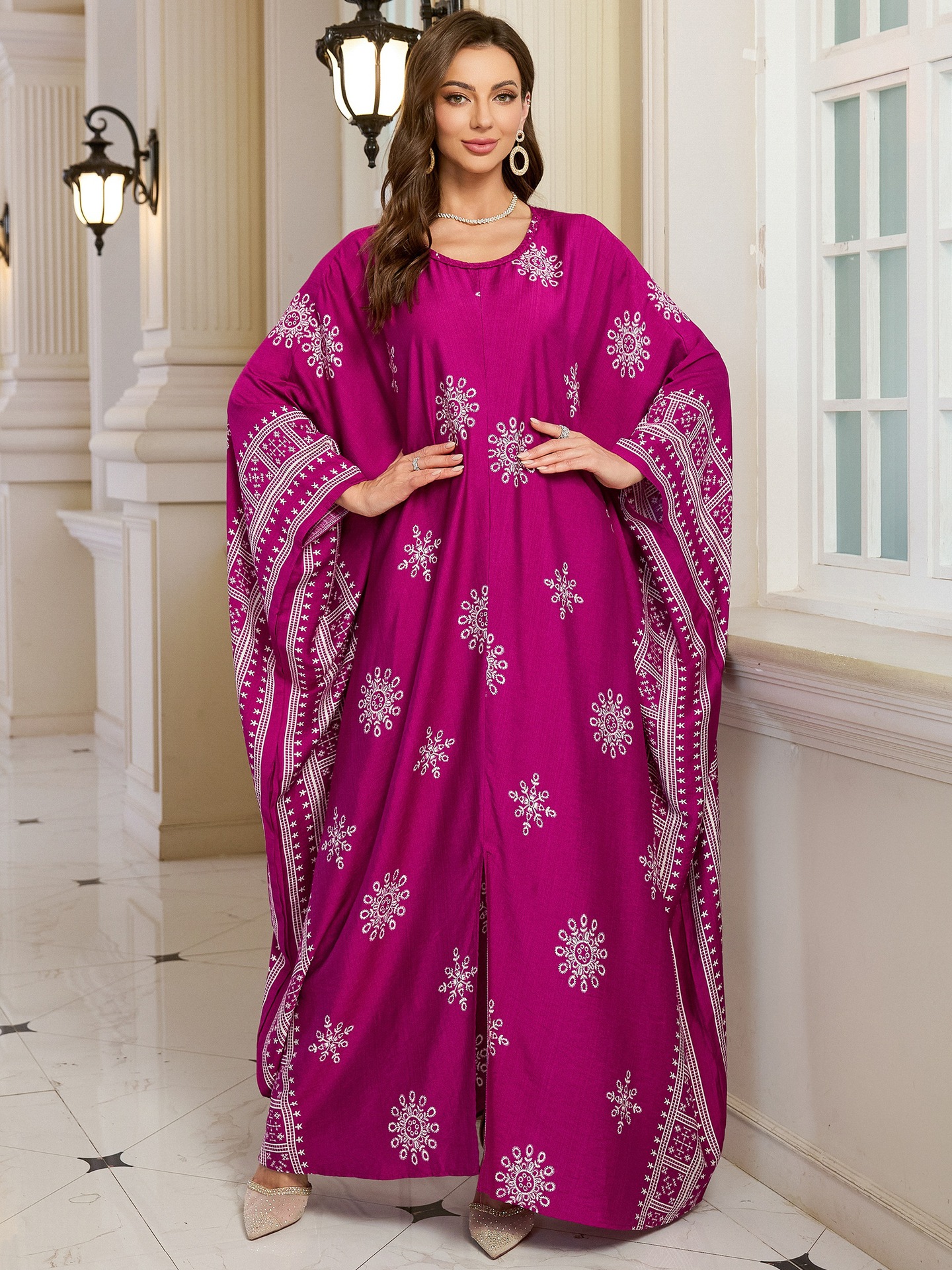 Geometric Pattern Kaftan Maxi Dress with Long Batwing Sleeves for Beach Cover Up
